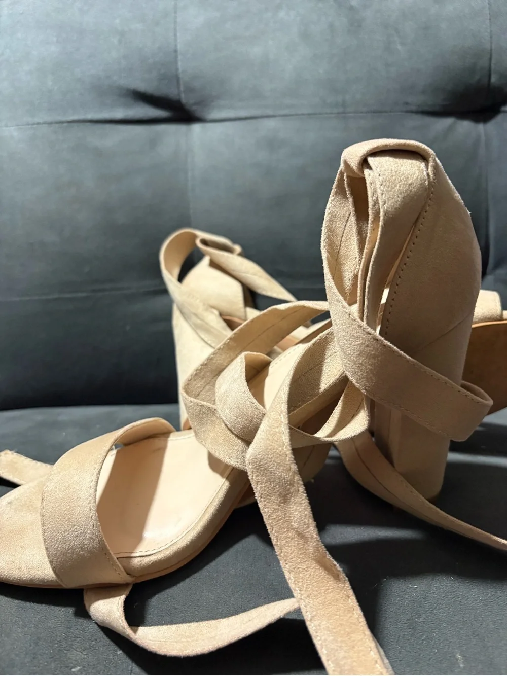 Carcuume Strappy Women Chunky  High Heels Sandals Lace up Nude Block Heel,Ellery